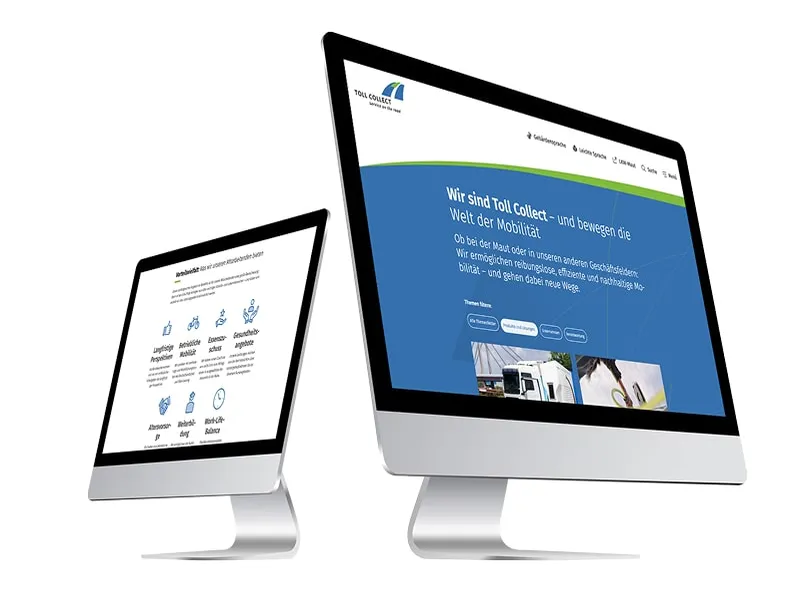 Zwei Desktop-Monitore zeigen die Website von Toll Collect mit Informationen über Mobilität, Geschäftsbereiche und Unternehmenswerte.