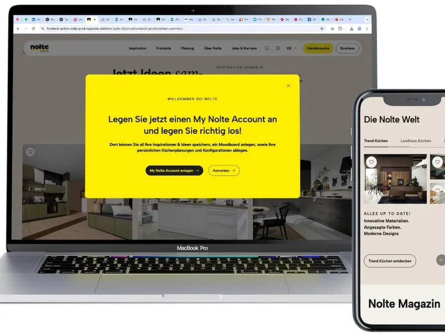 Laptop und Smartphone zeigen den Registrierungsdialog für ein Nolte-Kundenkonto