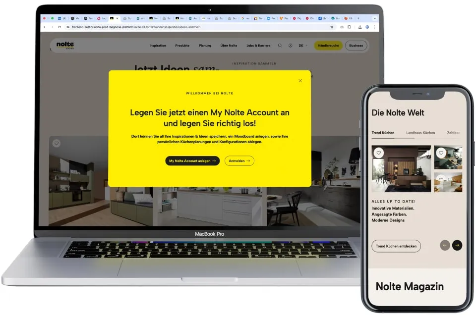 Laptop und Smartphone zeigen den Registrierungsdialog für ein Nolte-Kundenkonto